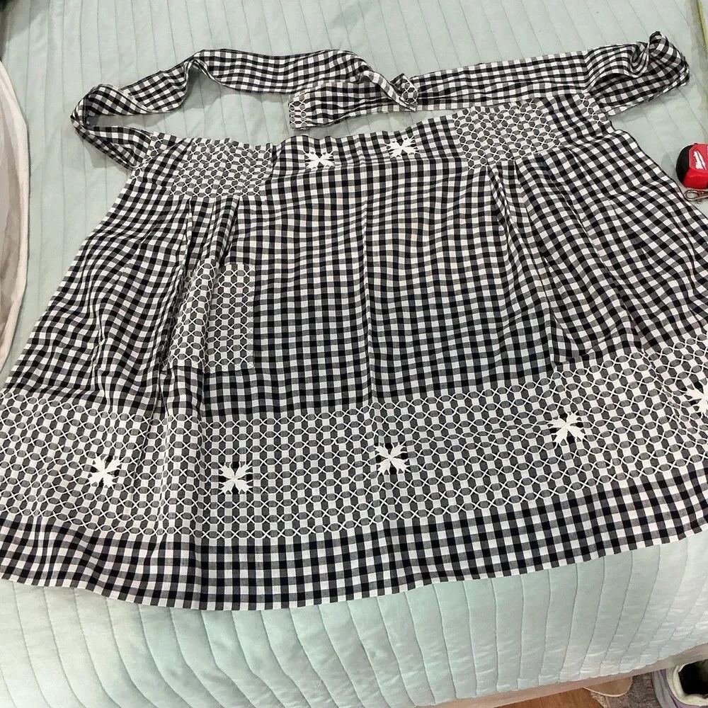 Vintage Handmade Black White Gingham Half Apron Embroidered Pocket 70” Tie
